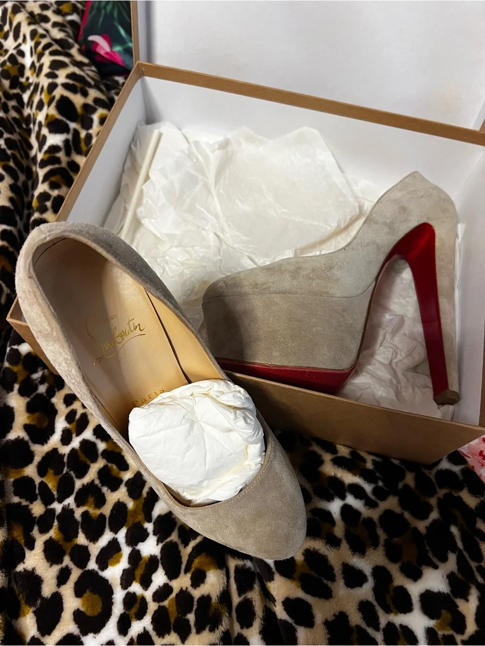 Christian Louboutin Taupe Suede Platform Pumps with Red Sole